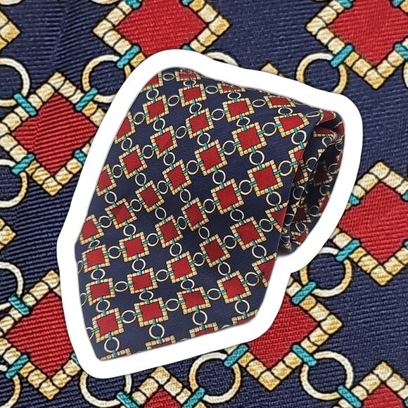 Scully & Scully Geometric Tie Mens Abstract Red Blue Gold Silk England 57.6" - Picture 1 of 6